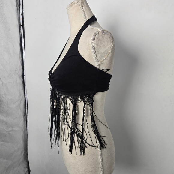 Windsor Black Halter Neck Western Cowgirl Fringe Ring Detail Crop Top‎ Size S - Picture 3 of 7